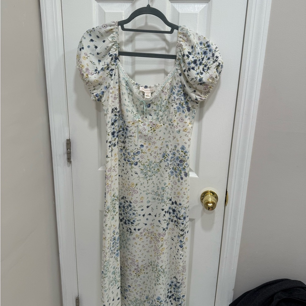 Monteau Floral Puff Sleeve Dress - Cream and Blue
